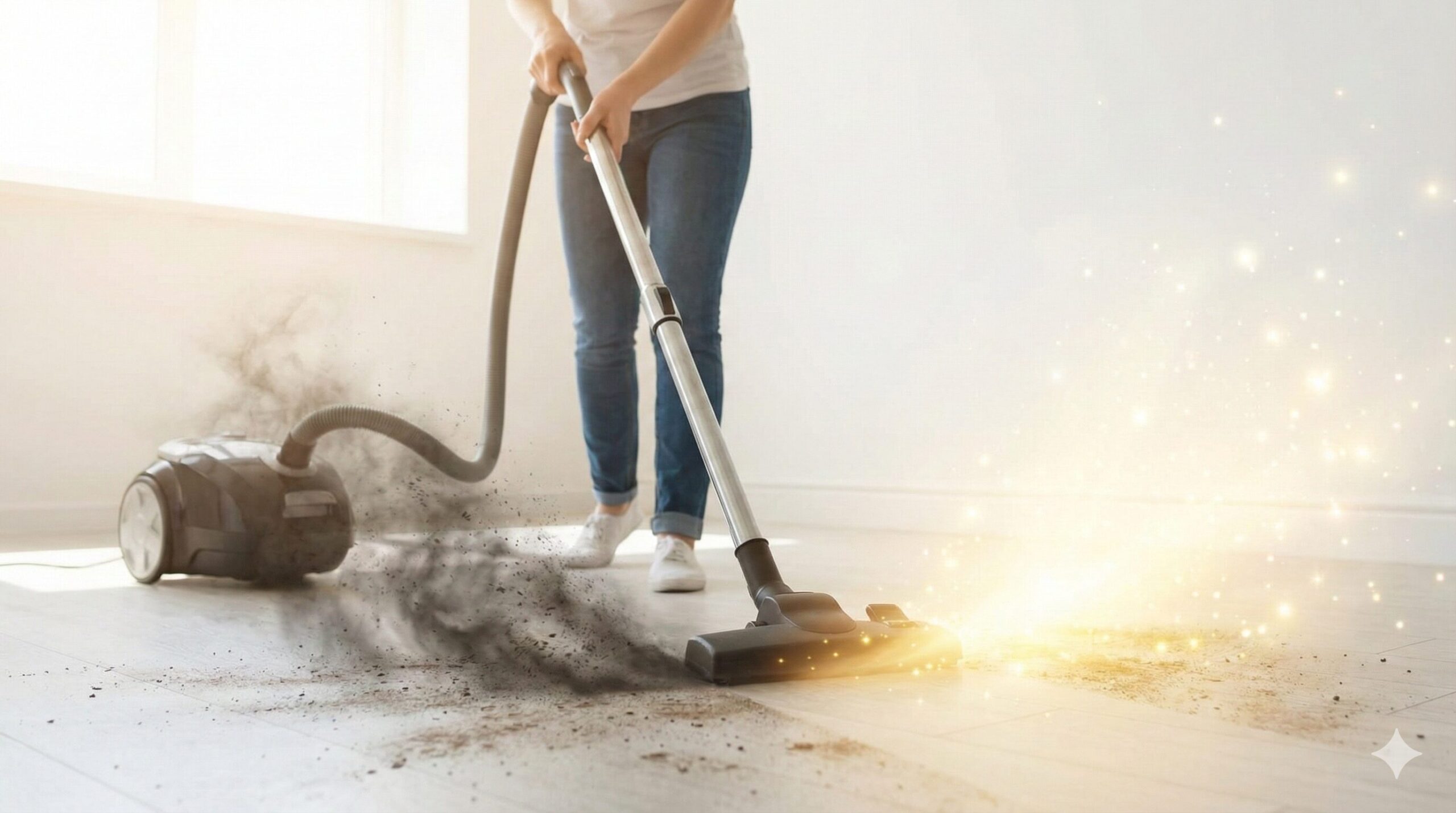 明るい日差しが差し込む部屋で、掃除機が黒い霧のような埃を吸い取り、床が金色に輝き始める様子を描いたイメージ。