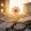 地震で崩壊したコンクリートの瓦礫の隙間から、一輪のピンク色の花が力強く咲いている様子。背景には再建中のビルと温かい太陽の光が映り、破壊の後に訪れる再生と新しい人生の可能性を象徴。