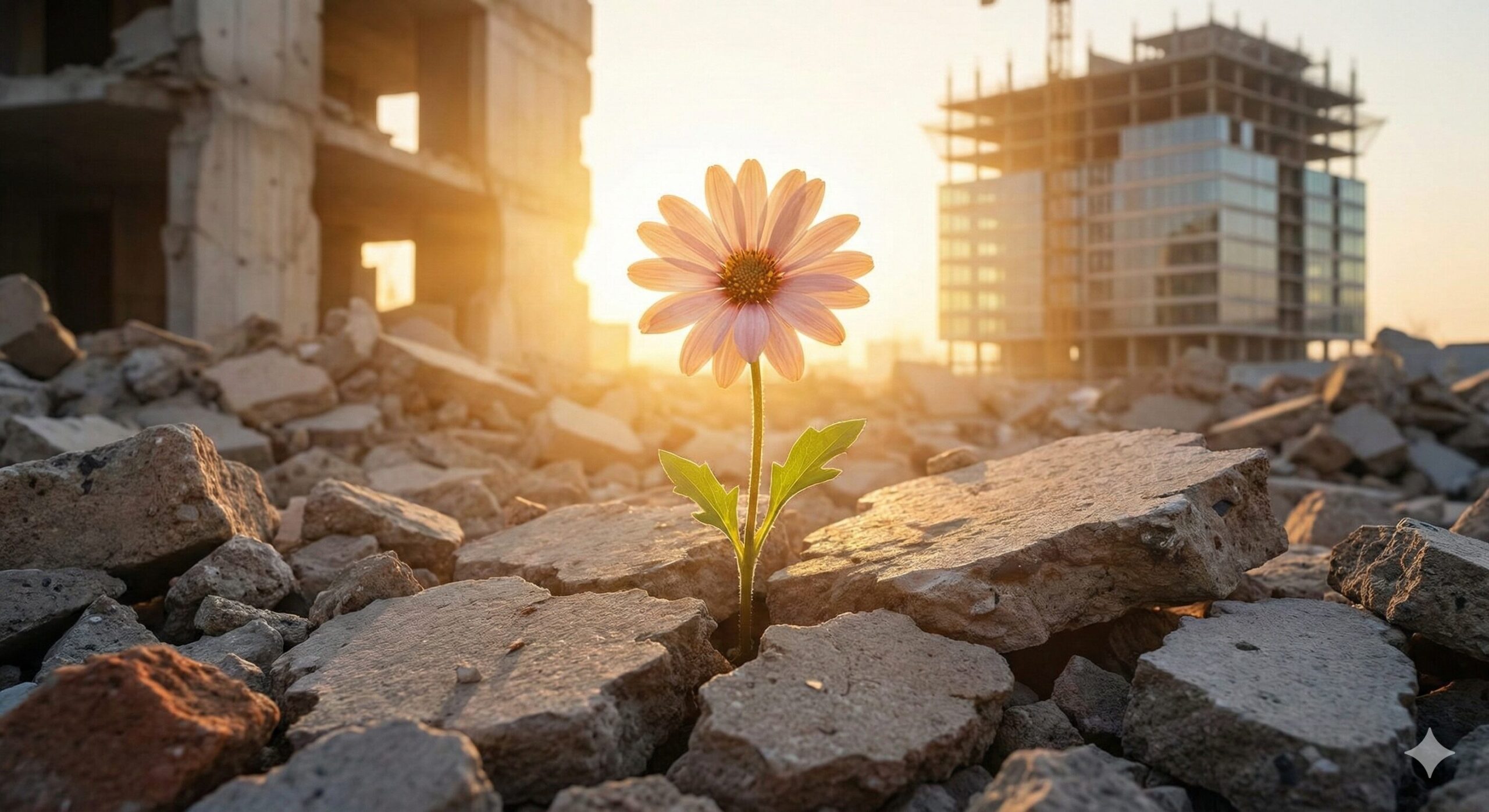 地震で崩壊したコンクリートの瓦礫の隙間から、一輪のピンク色の花が力強く咲いている様子。背景には再建中のビルと温かい太陽の光が映り、破壊の後に訪れる再生と新しい人生の可能性を象徴。