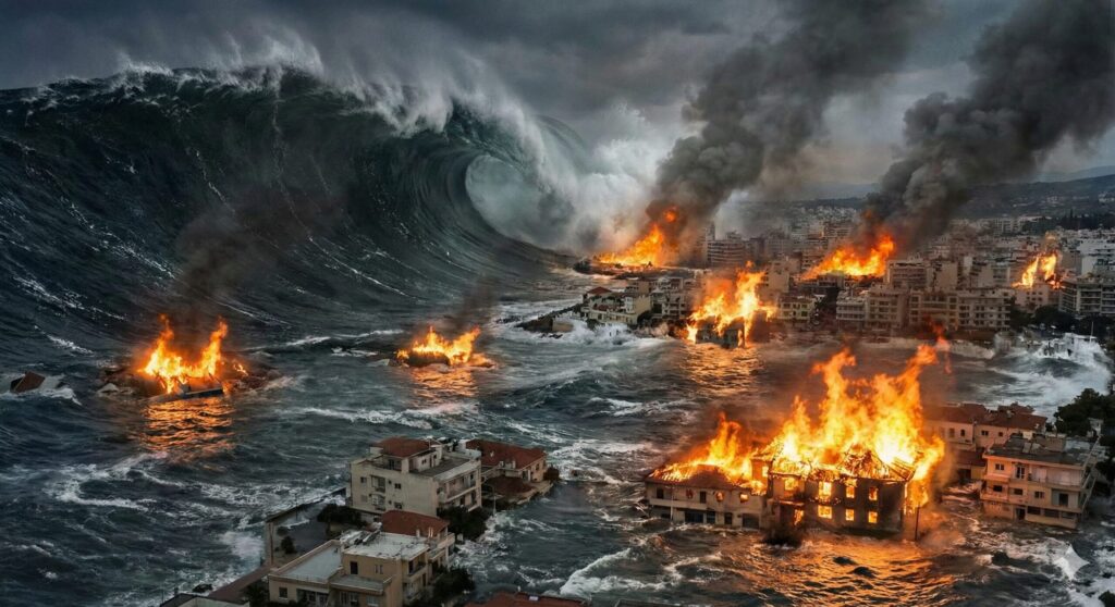 巨大な津波が沿岸の街を飲み込もうとする傍ら、複数の建物から激しく火の手と黒煙が上がるドラマチックな複合災害のシーン。地震に伴う感情の激変や、運気の強烈なうねりを視覚的に表現した画像。